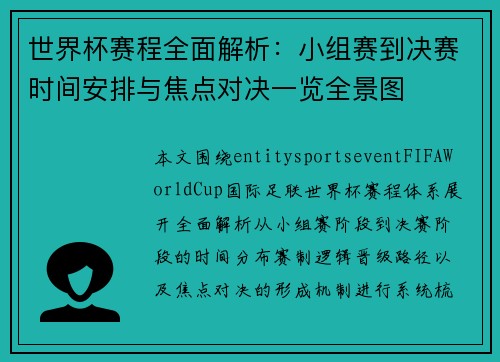 世界杯赛程全面解析:小组赛到决赛时间安排与焦点对决一览全景图 世界杯赛程全面解析:小组赛到决赛时间安排与焦点对决一览全景图